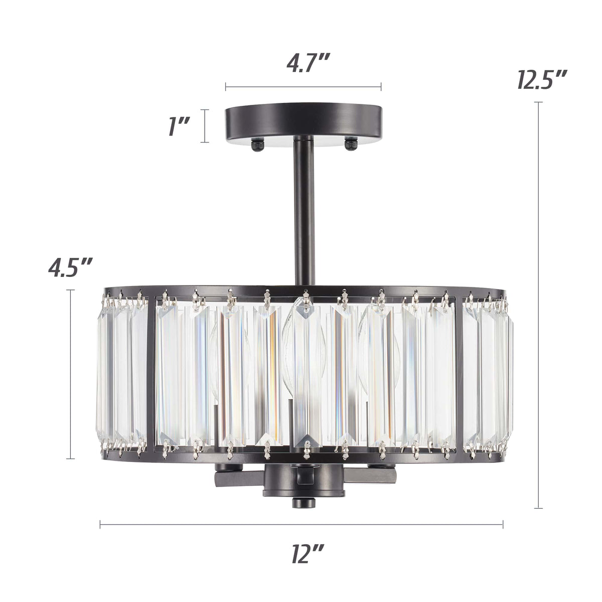 Crystal 3 Light Semi Flush Mount Ceiling Light Fixture w Drum