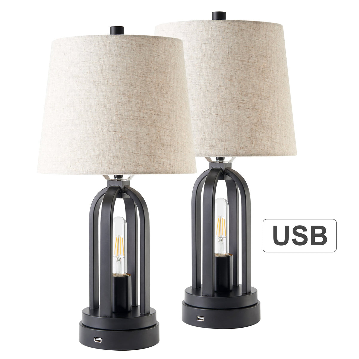 Farmhouse Table Lamps Set of 2 w USB Port, Industrial Desk Lamps w