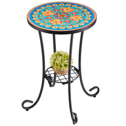 VONLUCE Mosaic Side Table and Plant Stand, Small Table with 36cm Ceramic Tile Top for Patio Garden Furniture, Indoor Outdoor Mosaic Accent Table with Shelf, Living Room End Bedside Table More, Faberge