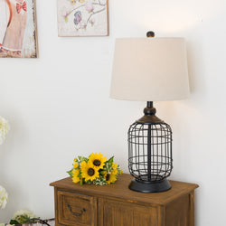 Modern Black Birdcage Base Table Lamp, Industrial Anti-Rust Metal Base, Mid Century Oatmeal Linen Shade, Retro, 25.5 Inches Height for Entryway Table, Living Room Bedroom Bedside (Black)