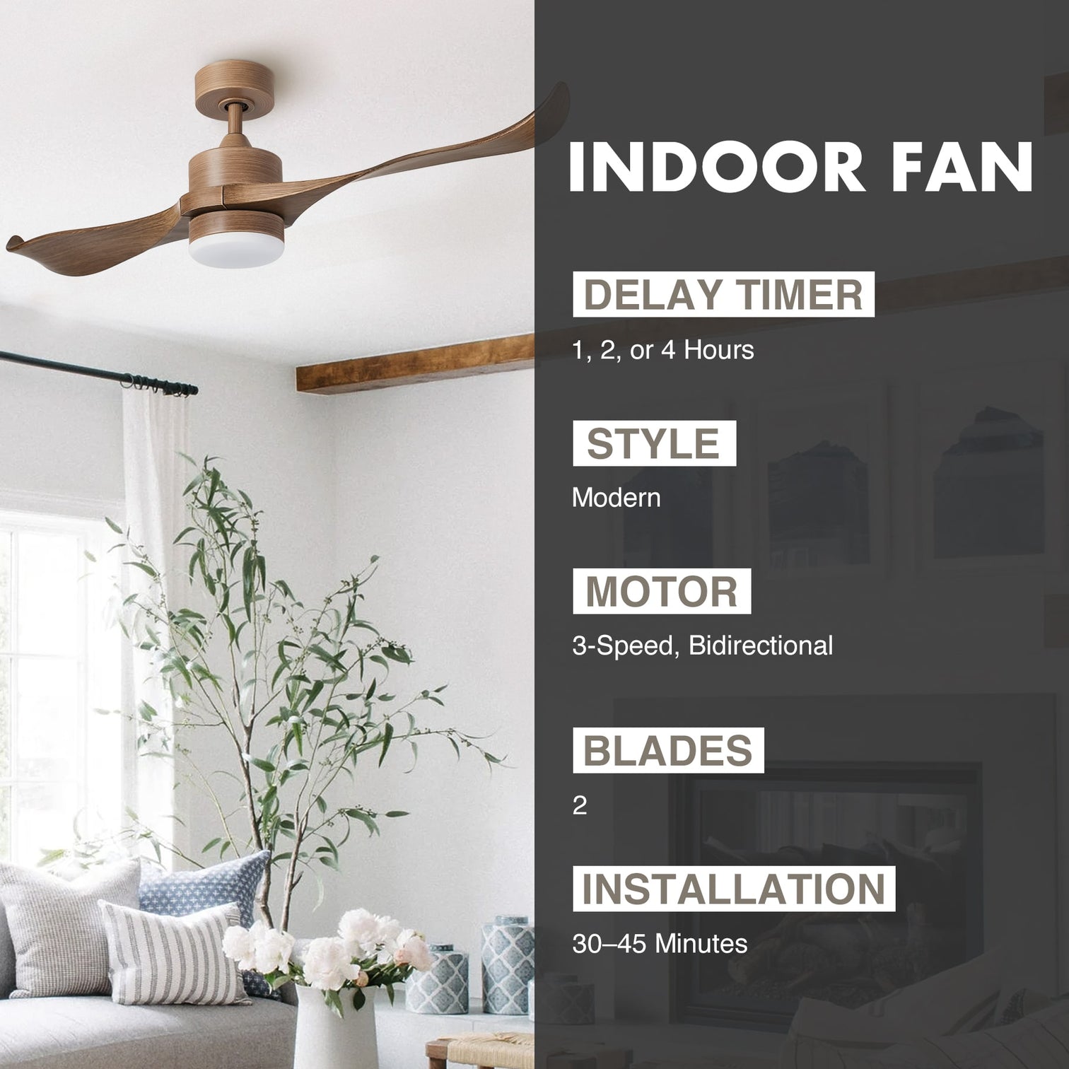 VONLUCE 52 Inch Wood Ceiling Fan With Light & Remote - 6-Speed DC Motor For Indoor/Outdoor Use